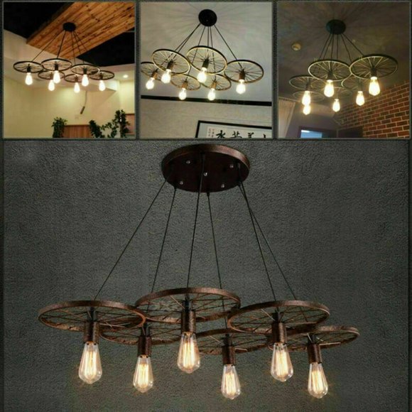 Rustic 6 Bulb Wagon Wheel Chandelier Distressed Bronze Finish Home Business - Picture 4 of 16